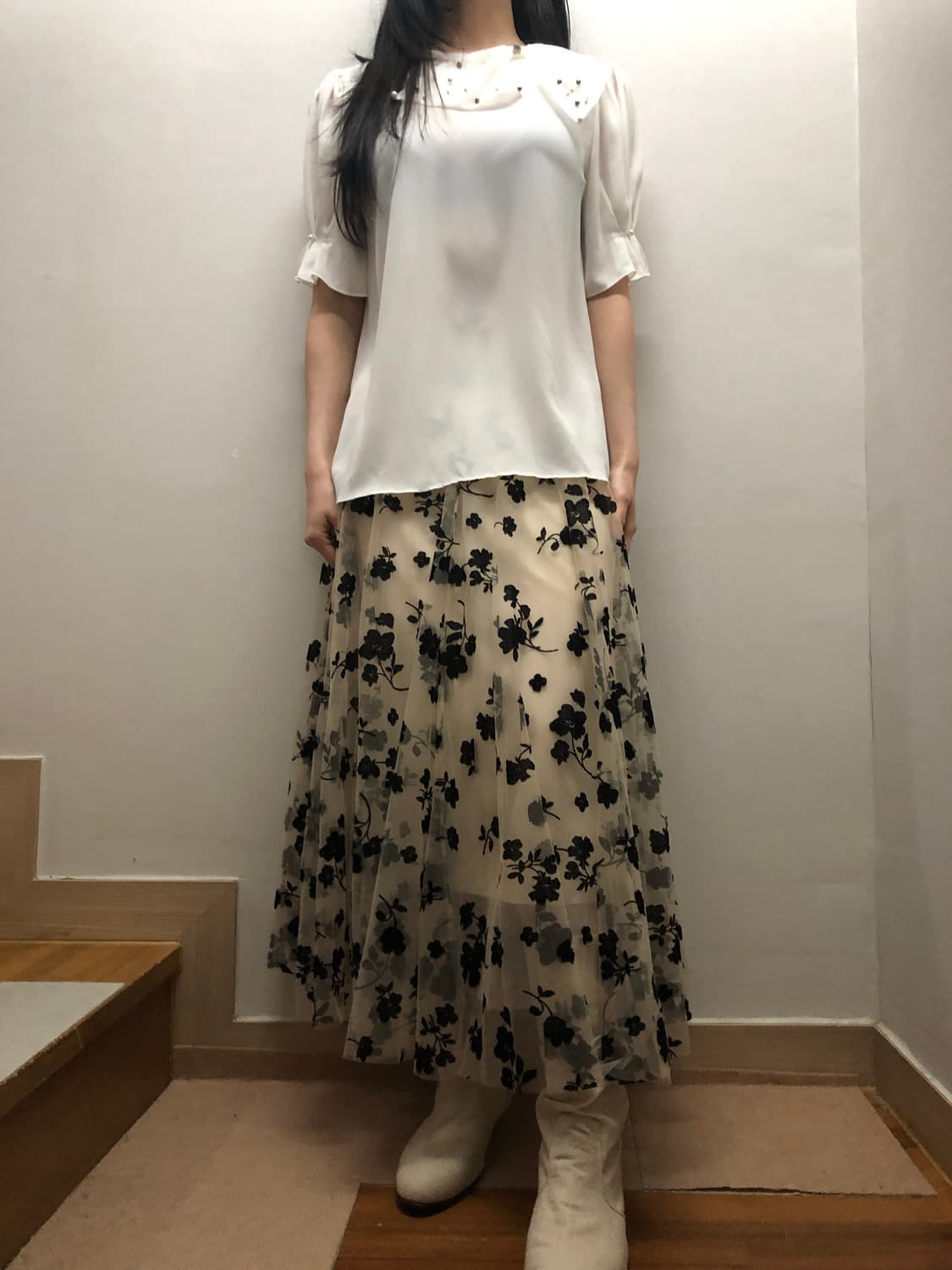 빈티지 베이지 블랙 플라워 레이스 스커트 상품이미지3
