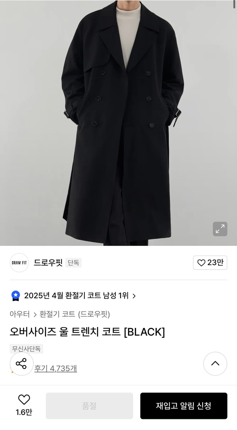 드로우핏 트렌치코트 블랙 상품이미지1