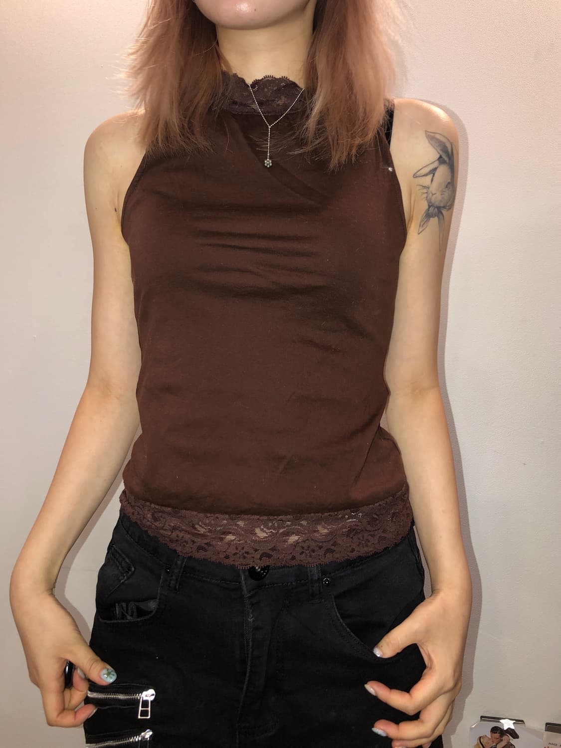 jpn vintage 브라운 홀터 레이스 슬리브리스 상품이미지2