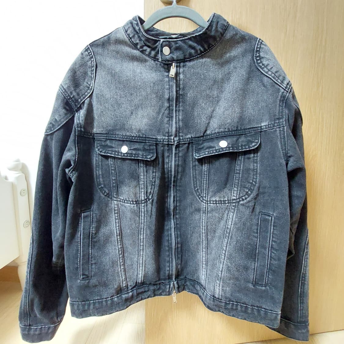 트릴리온 페이드 워싱 바이커 크롭 흑청 펑크 데님자켓 상품이미지3