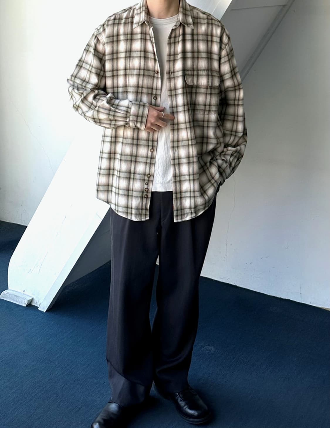 Cotton woven nel check wide shirt 상품이미지6