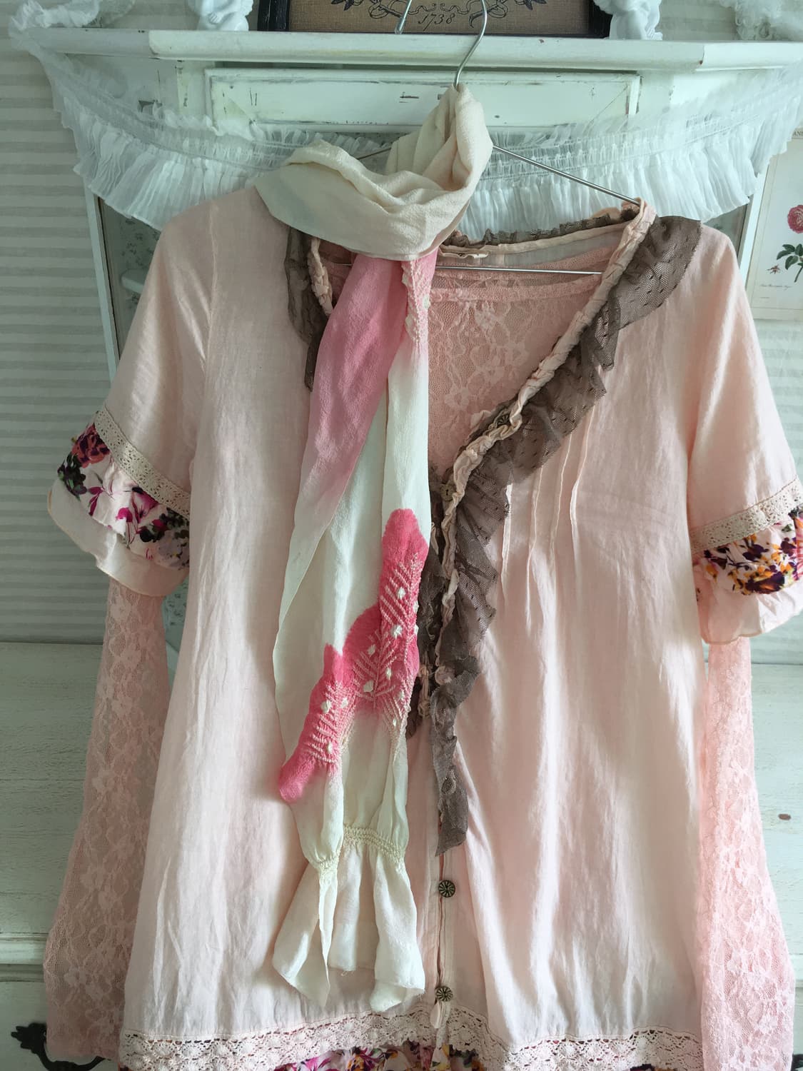 Set) 빈티지 핑크 플라워 레이스 원피스+블라우스+머플러 상품이미지5