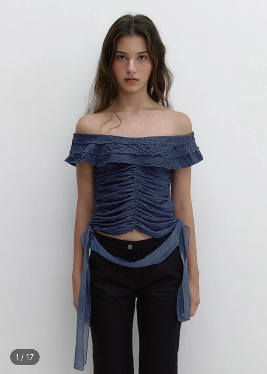 아수라-WAVE JACQUARD FRILL T (NAVY) 상품이미지1
