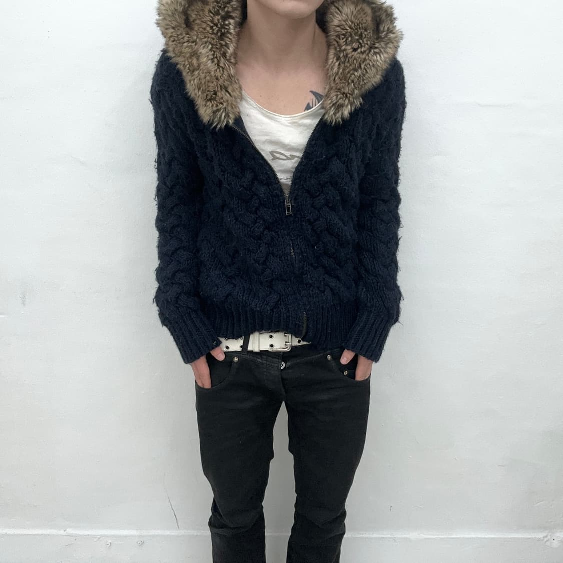 Navy knit fur hood jacket 상품이미지2