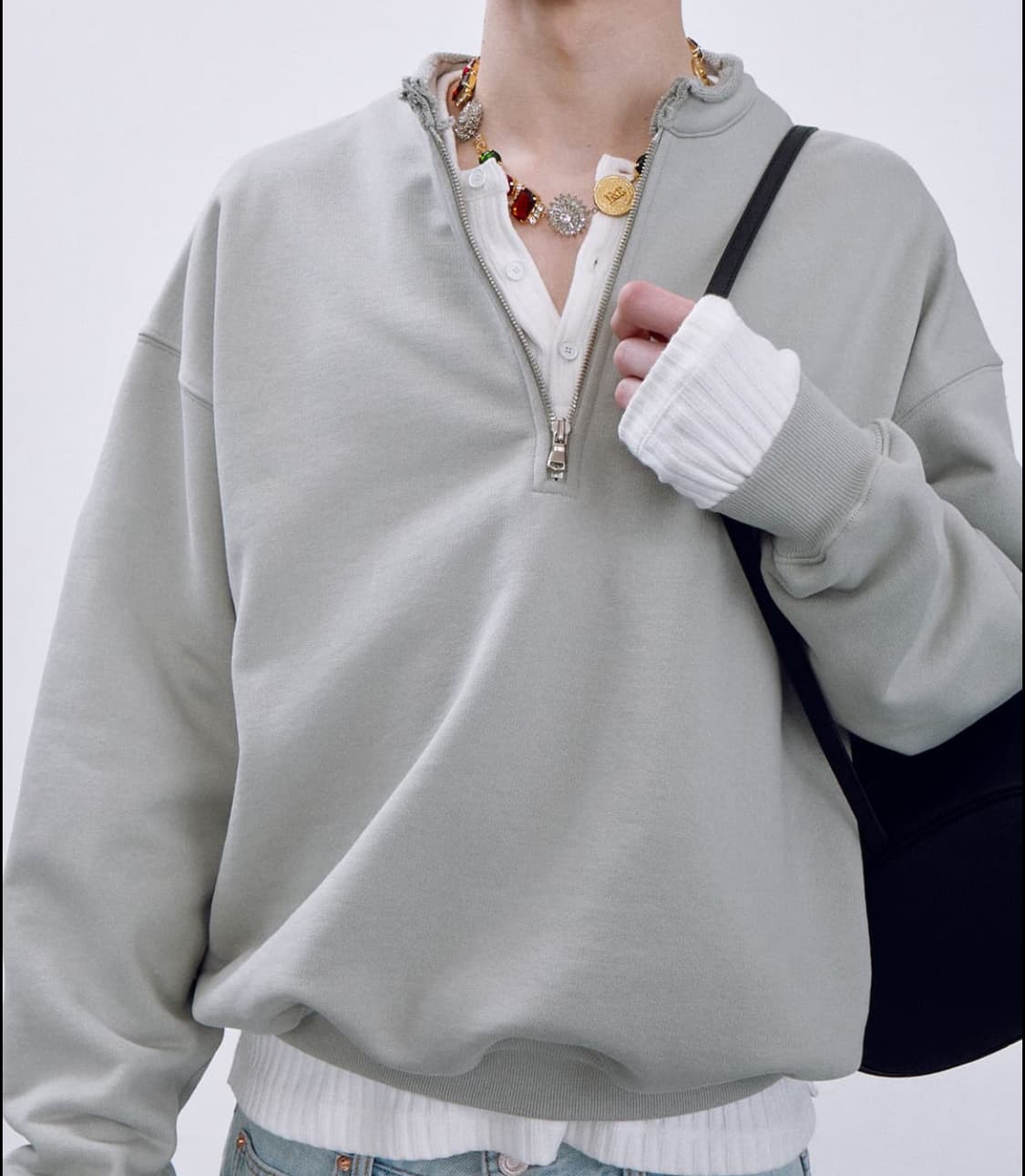 렉토 로우엣지 카라 스탠드 하프집업 그레이쉬 카키 상품이미지1