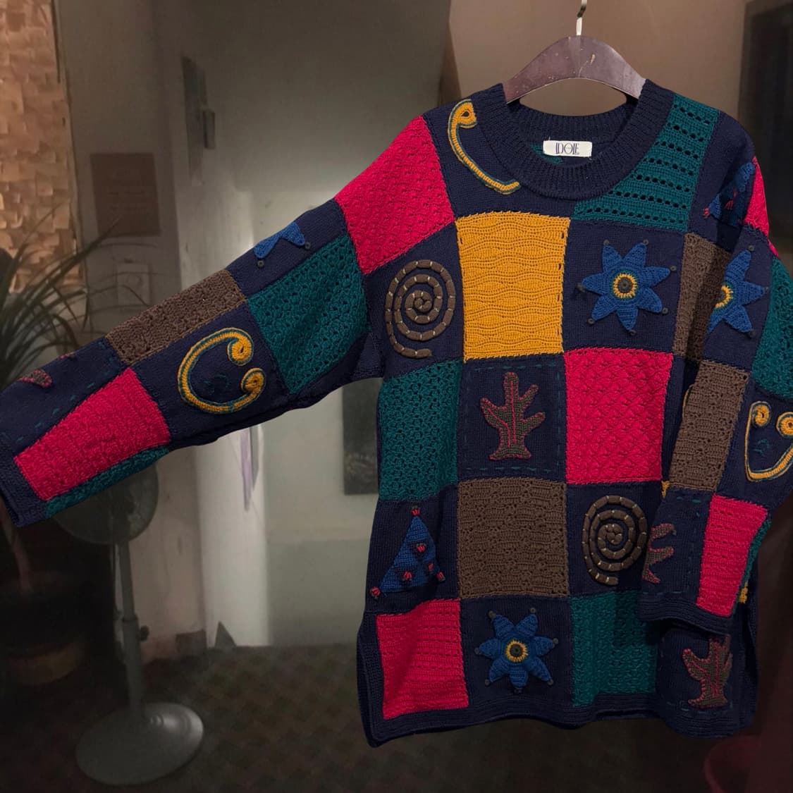 일본 빈티지 울100 뜨개 모티브 아플리케 패치워크 니트 상품이미지3