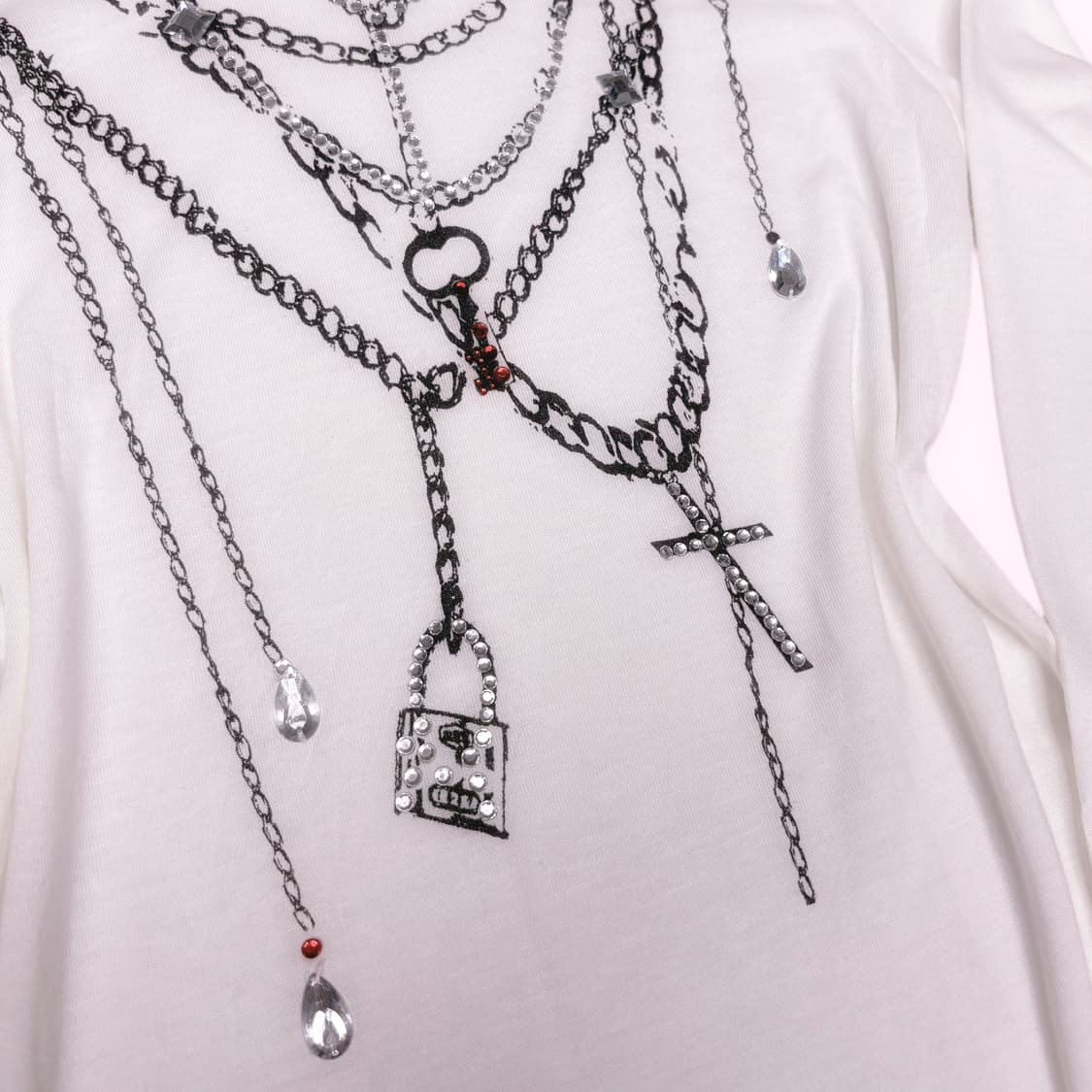 펑키 갸루 큐빅 레이어드 디테일 체인 디자인 화이트 롱 슬리브 티  상품이미지2