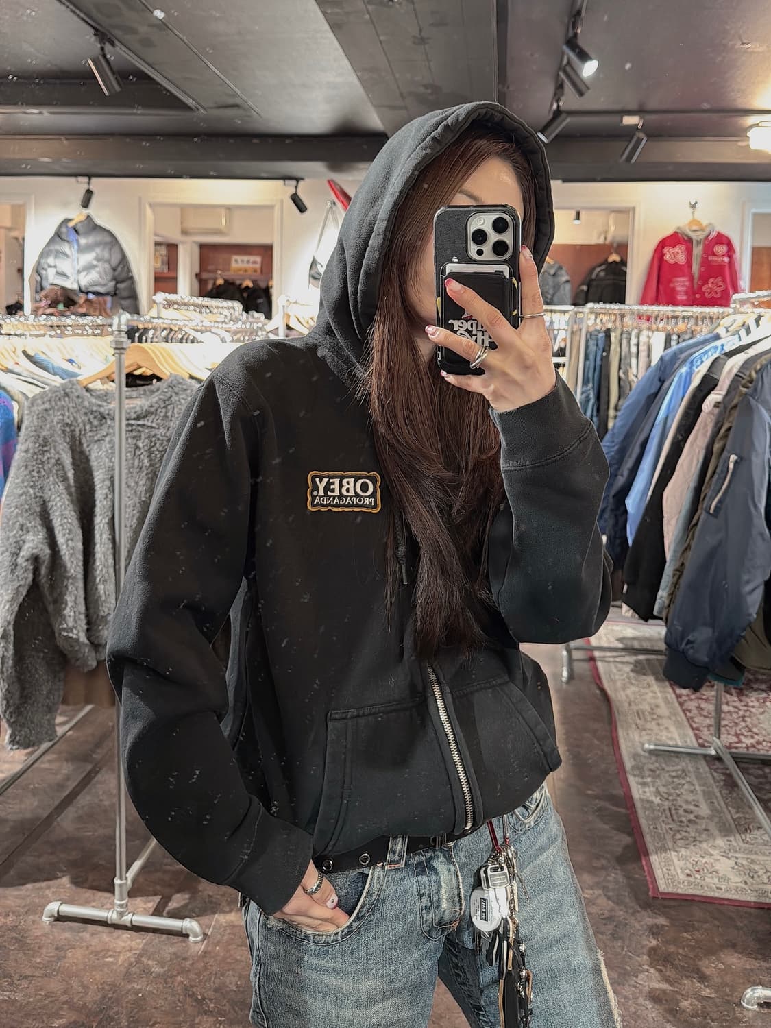 오베이 obey 로고자수 기모 후드집업 S 상품이미지6