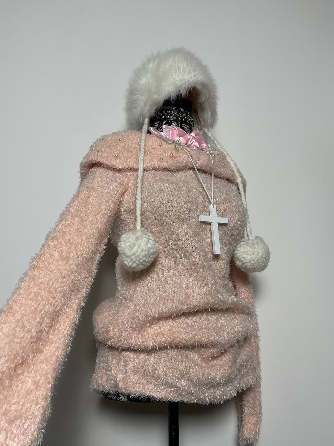 PENDORA 펜도라 리본 핑크 진주 펄 오프숄더 니트 상품이미지4