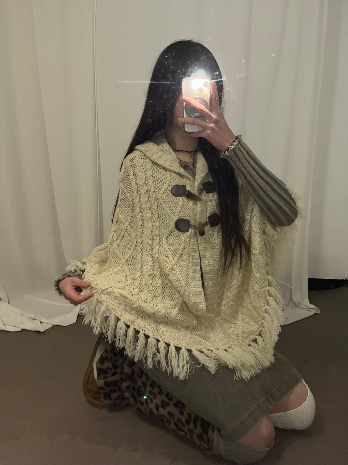 Colza 니트 프린지 후드 케이프 상품이미지8