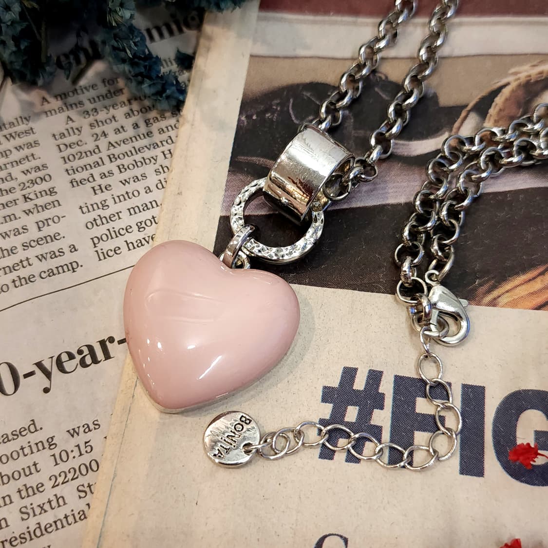 90s 프랑스 빈티지 목걸이 핑크 애나멜 하트 실버 체인 네클리스 상품이미지3