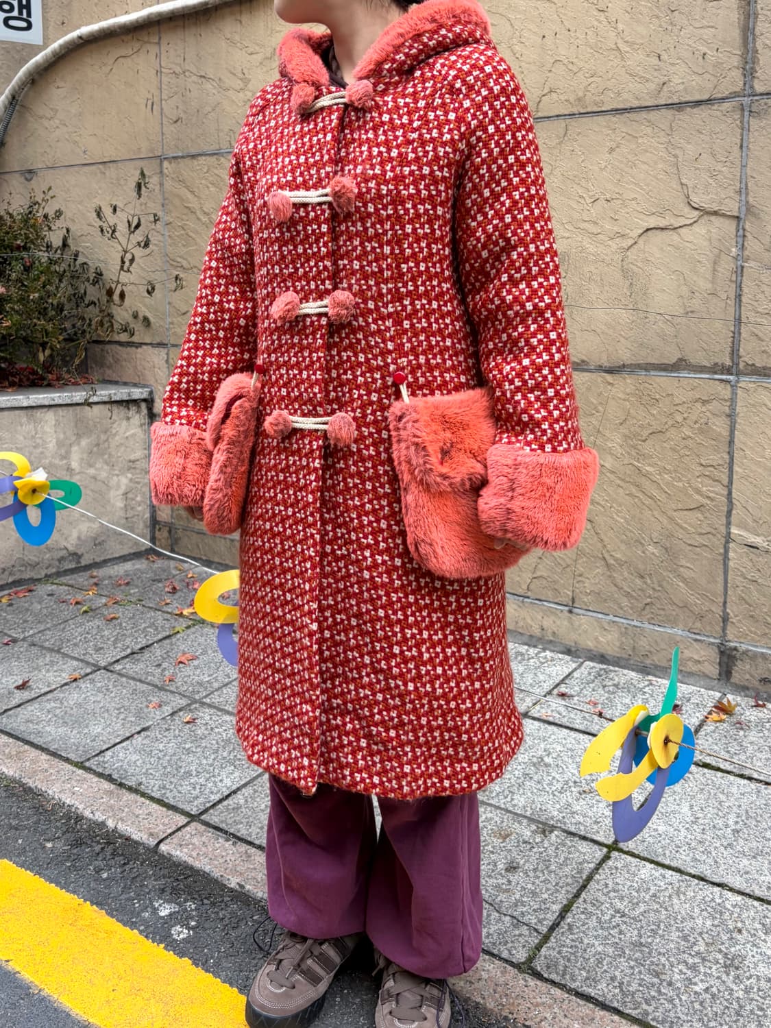 Algon quins 갸루펑크 형광코랄 퍼 후드 코트  상품이미지1