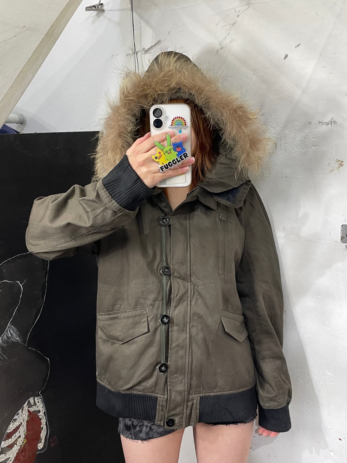 일본빈티지 울프죠 퍼 후드 자켓 점퍼 y2k 크롭 야상 M. 상품이미지2