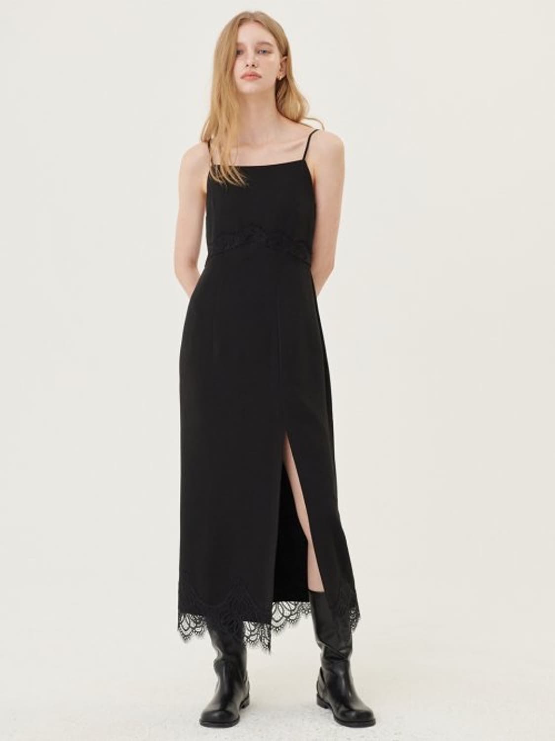 F) 오앨 OUEL 슬릿 레이스 슬립 드레스 블랙 상품이미지1
