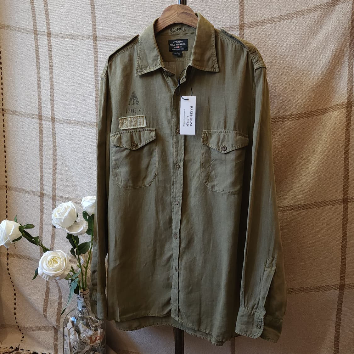 00년대 폴로 진스 컴퍼니 미 육군 밀리터리 투포켓 린넨 셔츠 L 상품이미지1