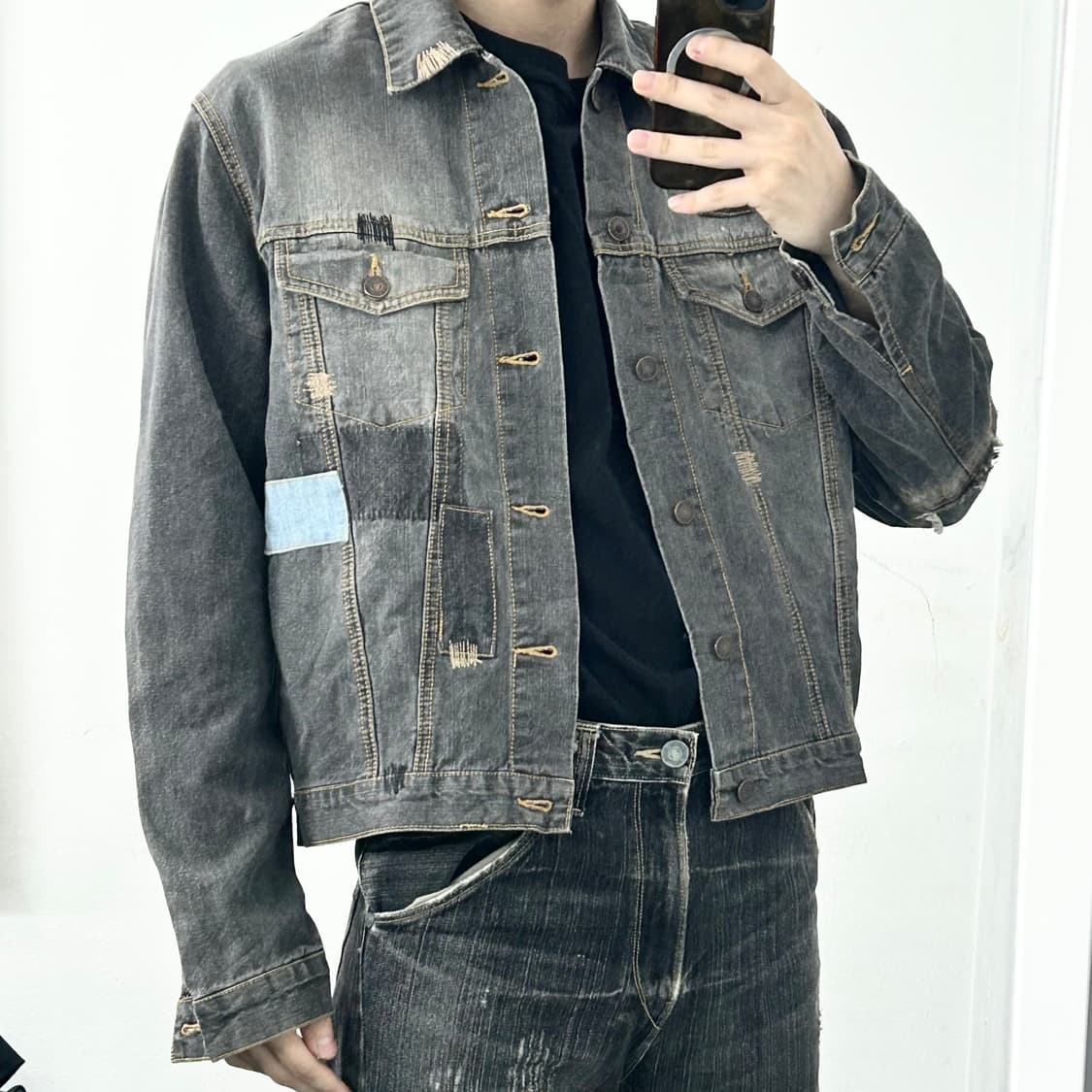 Nylaus 패치워크 흑청 데님 자켓 상품이미지2