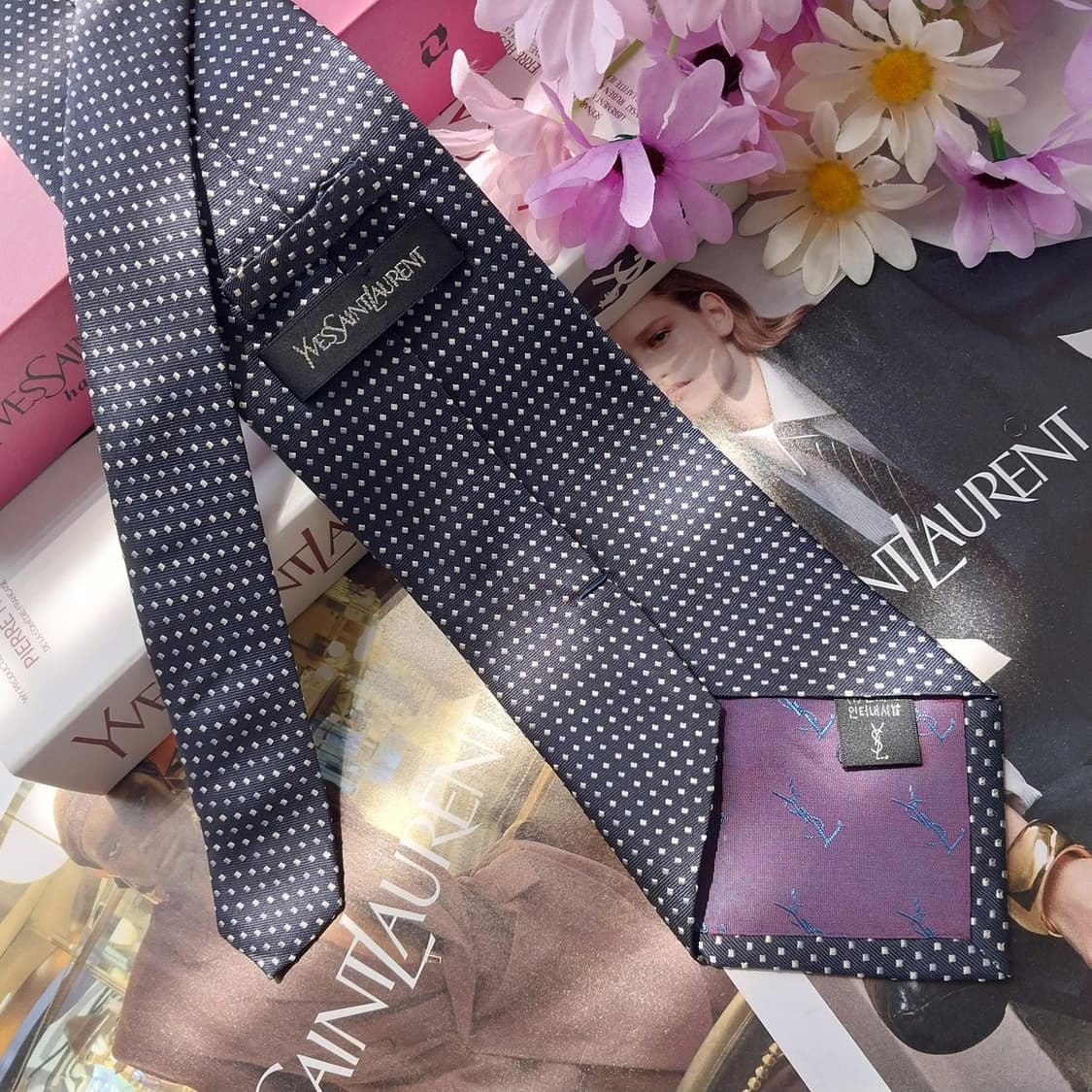 입생로랑 실크 네이비 도트 패턴 넥타이 9.9cm A+~A등급 K2695 상품이미지5