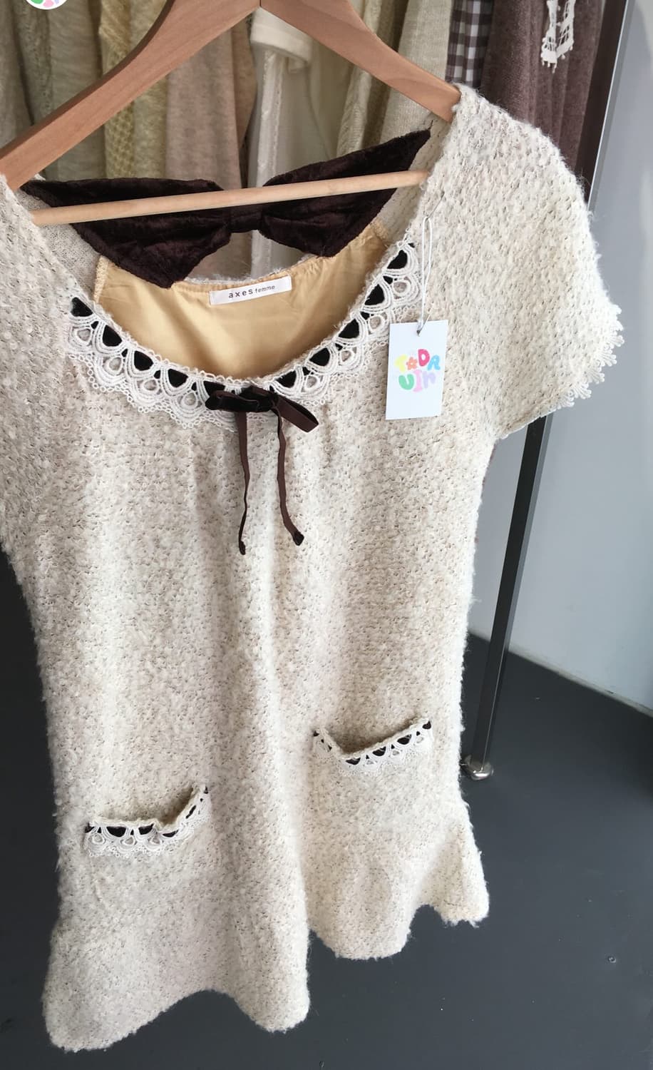 axes femme 엑시즈팜 라떼 초코 리본 반팔 레이어드 원피스 상품이미지1