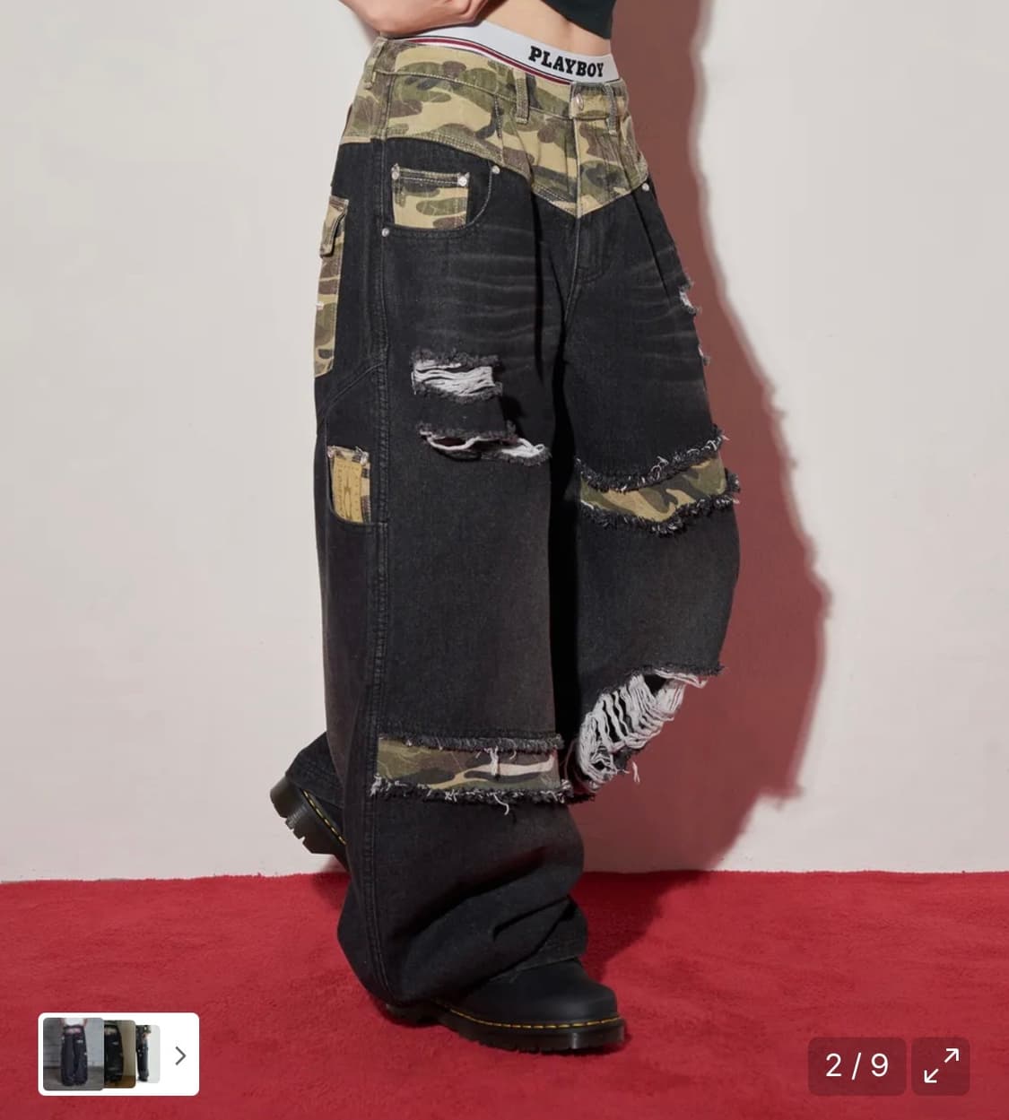 카모 믹스 데미지 와이드 데님팬츠 블랙 상품이미지1