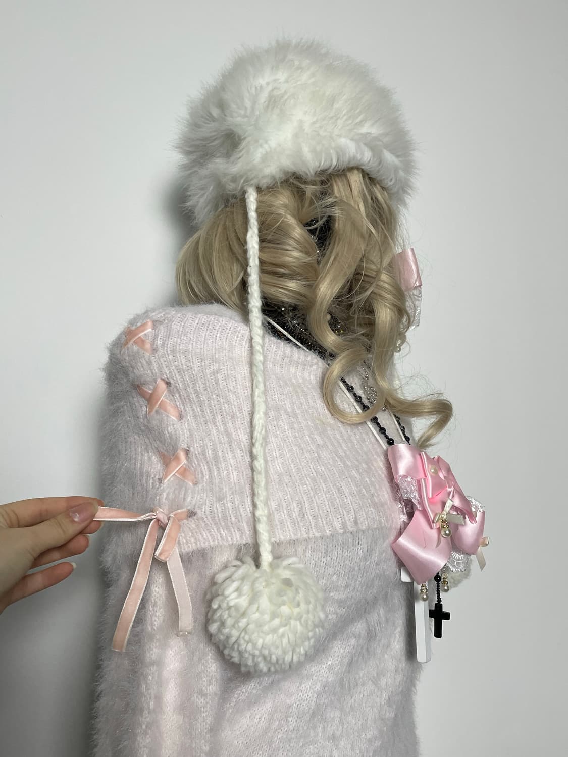 jpn 히메갸루 핑크 퍼 아일렛 리본 오프숄더 니트 상품이미지3