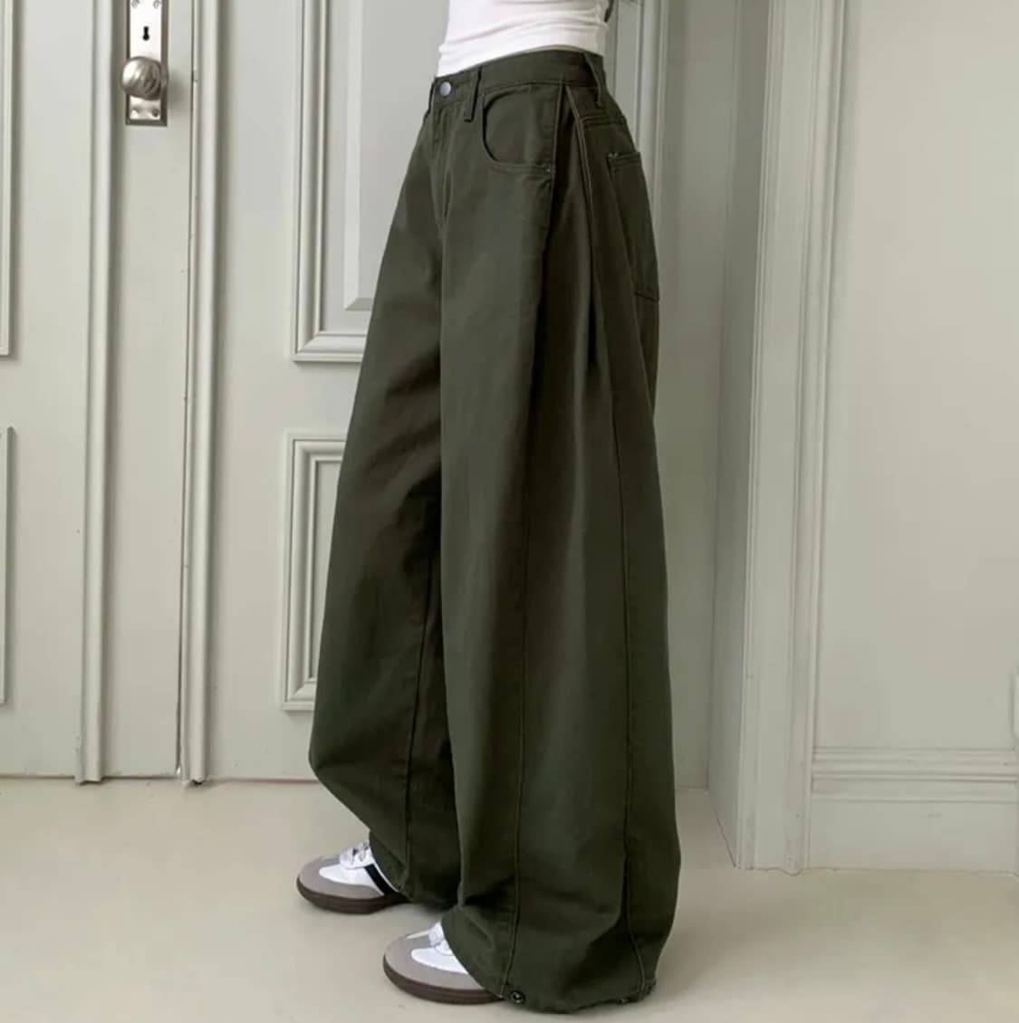 사이드 핀턱 하체커버 옆핀턱 벌룬핏 바지 롱와이드 팬츠 카키 상품이미지2