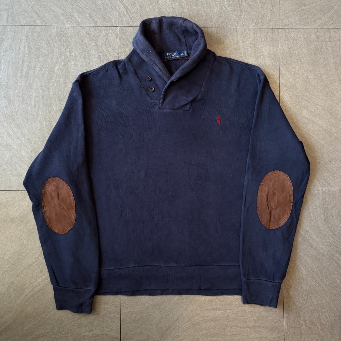 폴로 네이비 코튼 숄카라 엘보우 패치 니트 상품이미지1