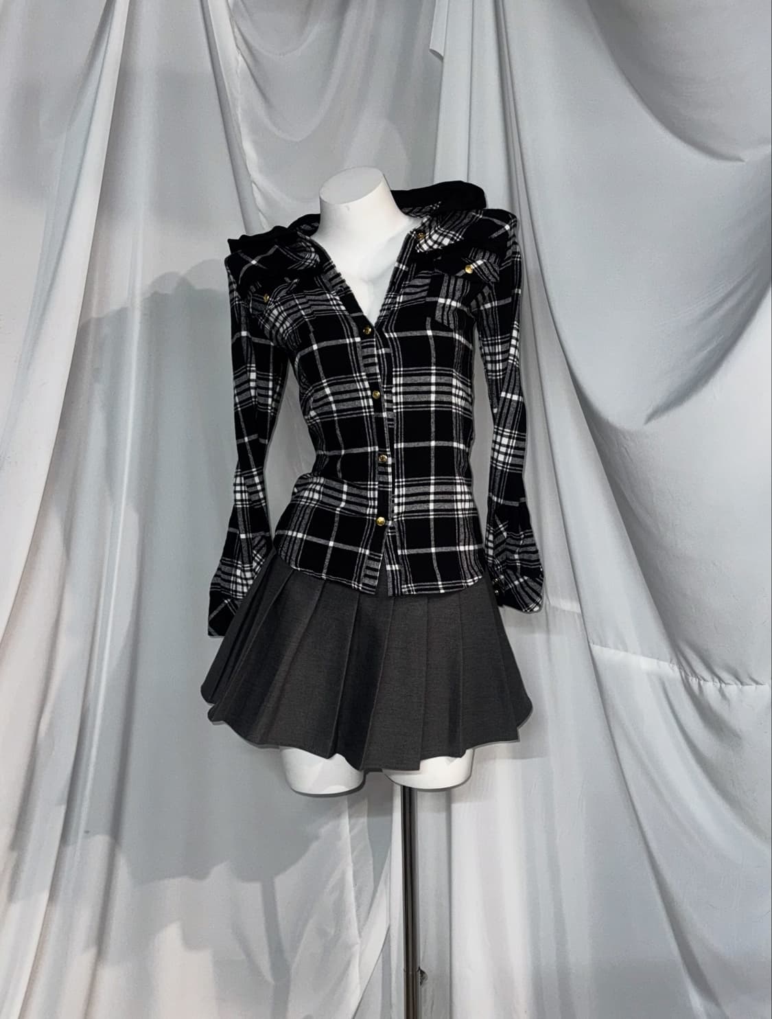 사와코깔 트랄라라 체크 무채색 니혼진 떡볶이 퍼 후드 코트 코디세트 상품이미지3