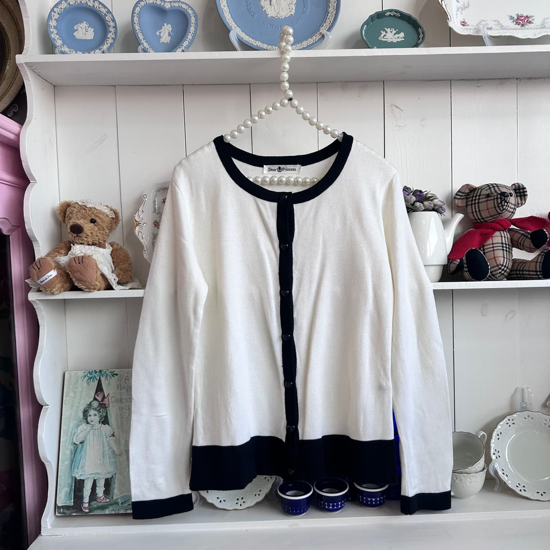 Dear Princess 배색 가디건 화이트 블랙 상품이미지2