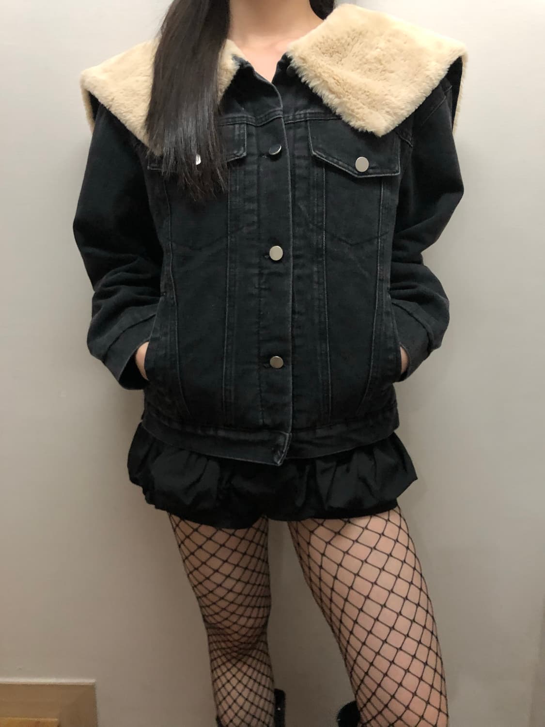 빈티지 블랙 데님 퍼 카라 자켓 상품이미지3