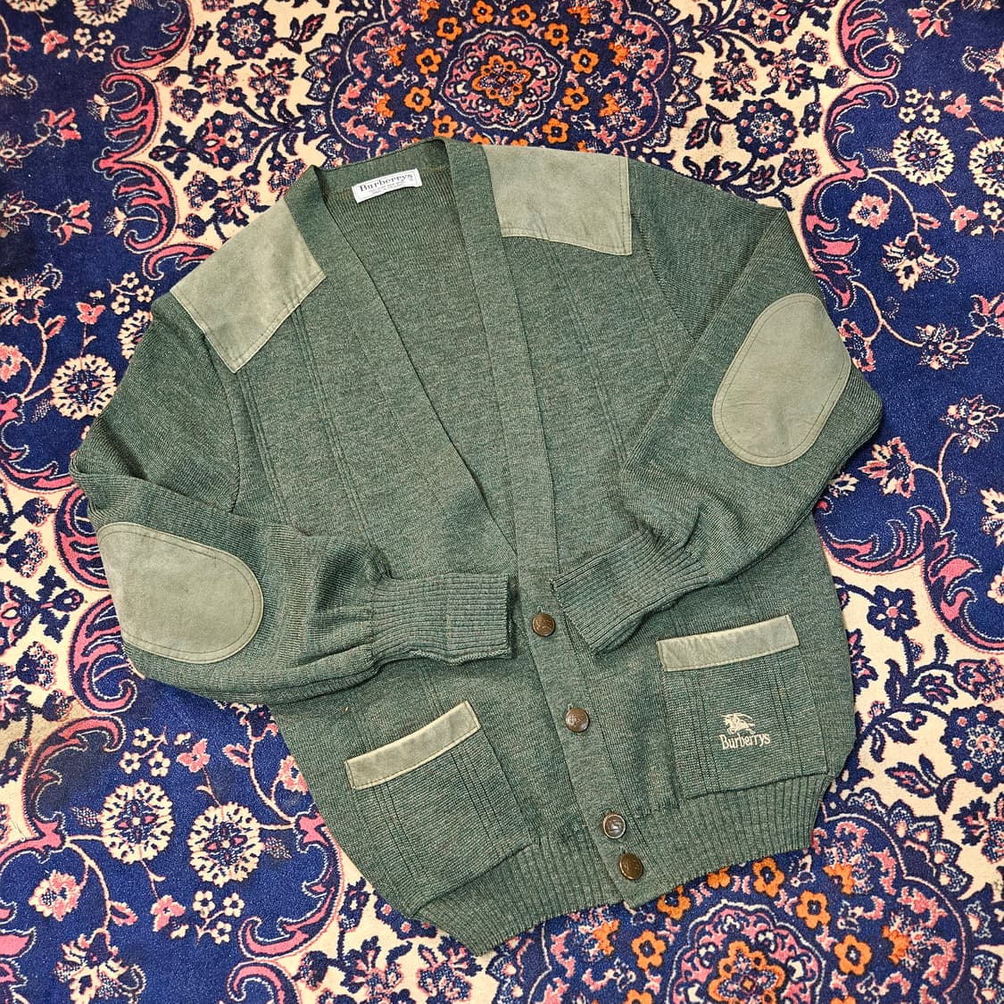 버버리 80's 코만도 울 카키 가죽 패치 블럭 가디건 자켓  상품이미지1