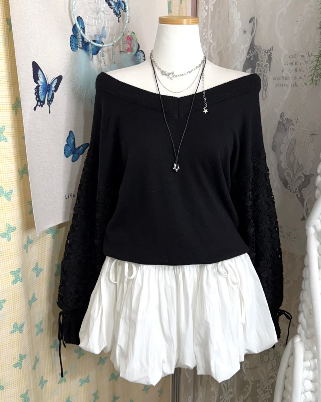 블랙 레이스 오프숄더 니트 상품이미지8