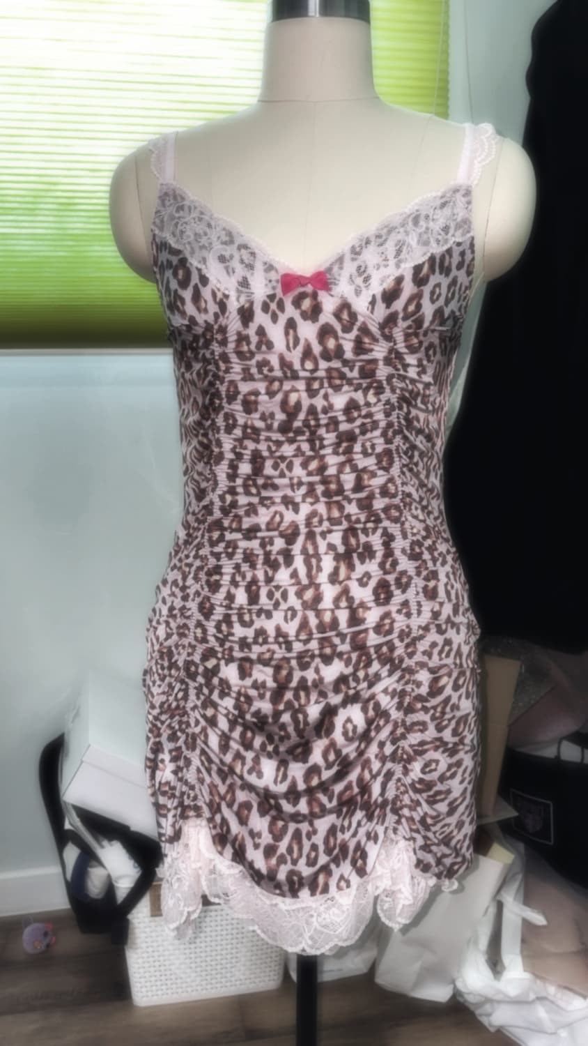 히메갸루 핑크 레이스 호피 셔링 슬립 원피스 상품이미지1