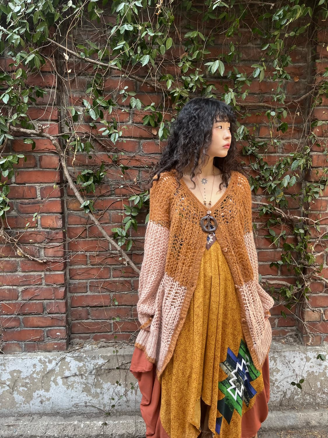 오렌지 브라운 그물 니트 가디건 상품이미지1