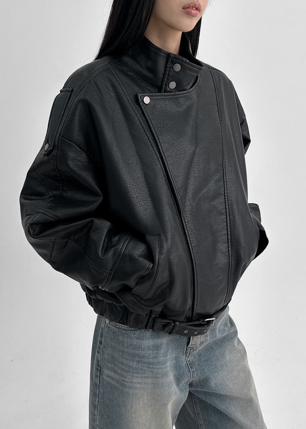 블랙업 하이넥 가죽점퍼 가죽레더자켓 상품이미지2