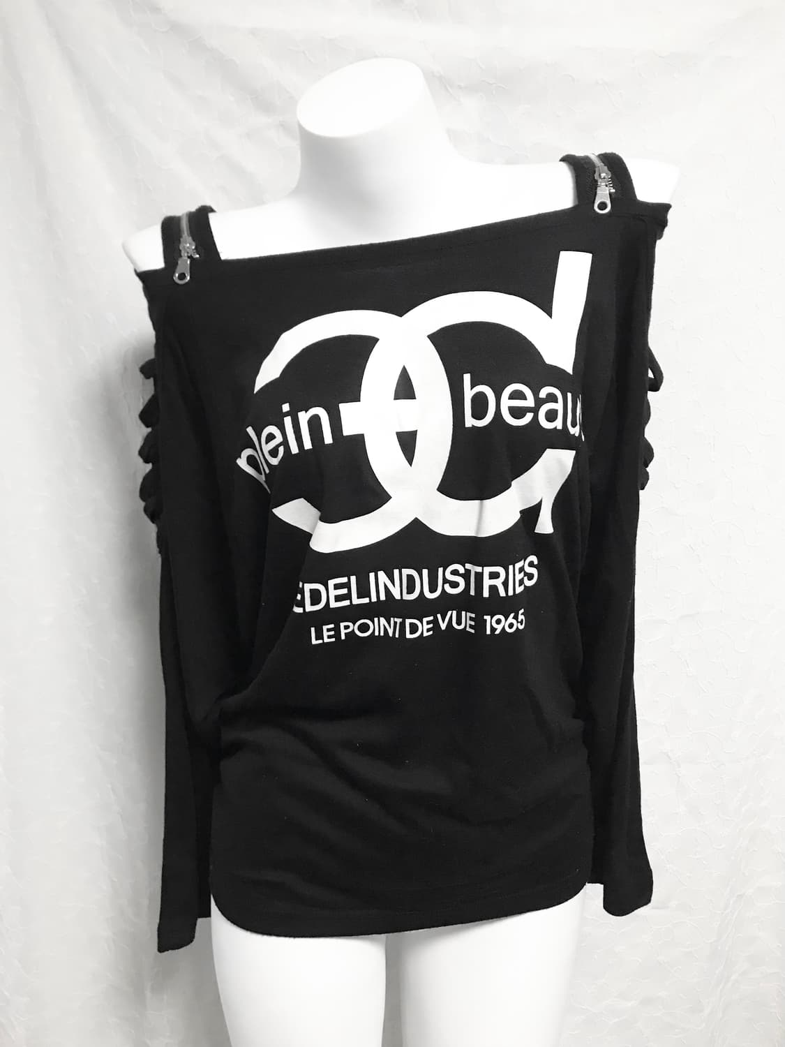 빈티지 갸루 펑크 지퍼 디테일 트임 오프숄더 롱슬리브 탑 상품이미지2