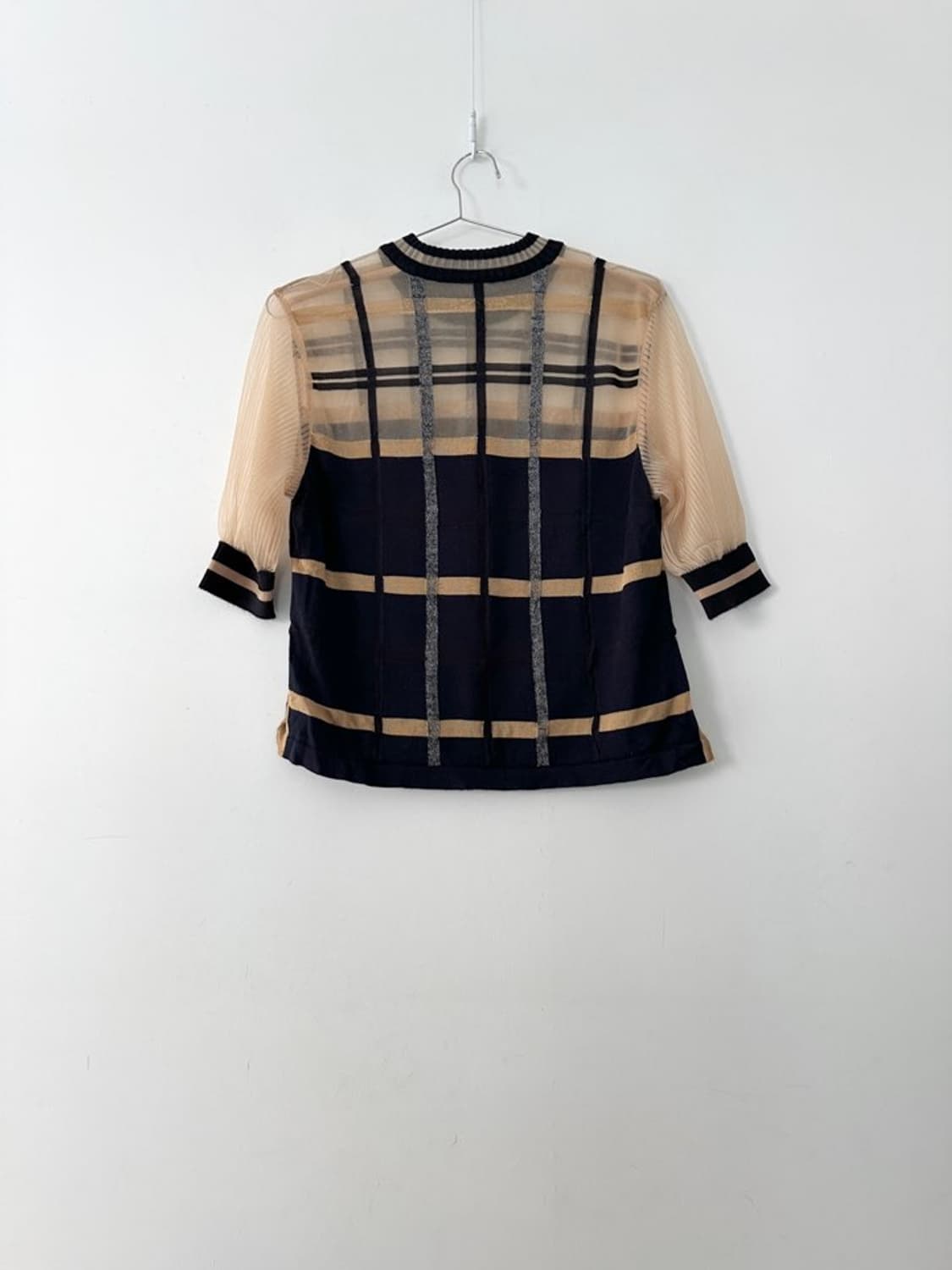 Grid sheer classic top / beige & navy 상품이미지3