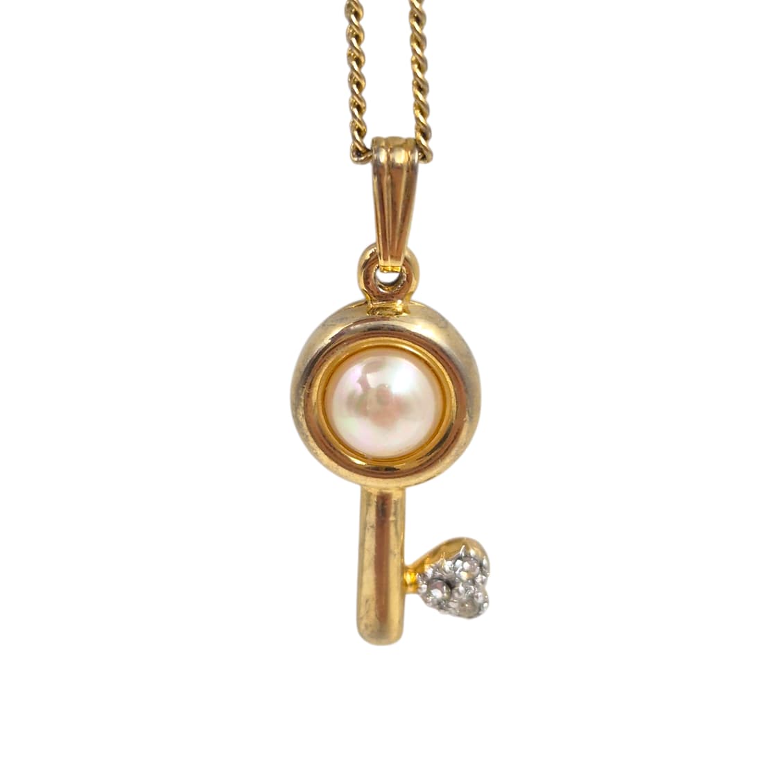 90s 프랑스 꾸레쥬 진주 하트 열쇠 큐빅 목걸이 상품이미지1