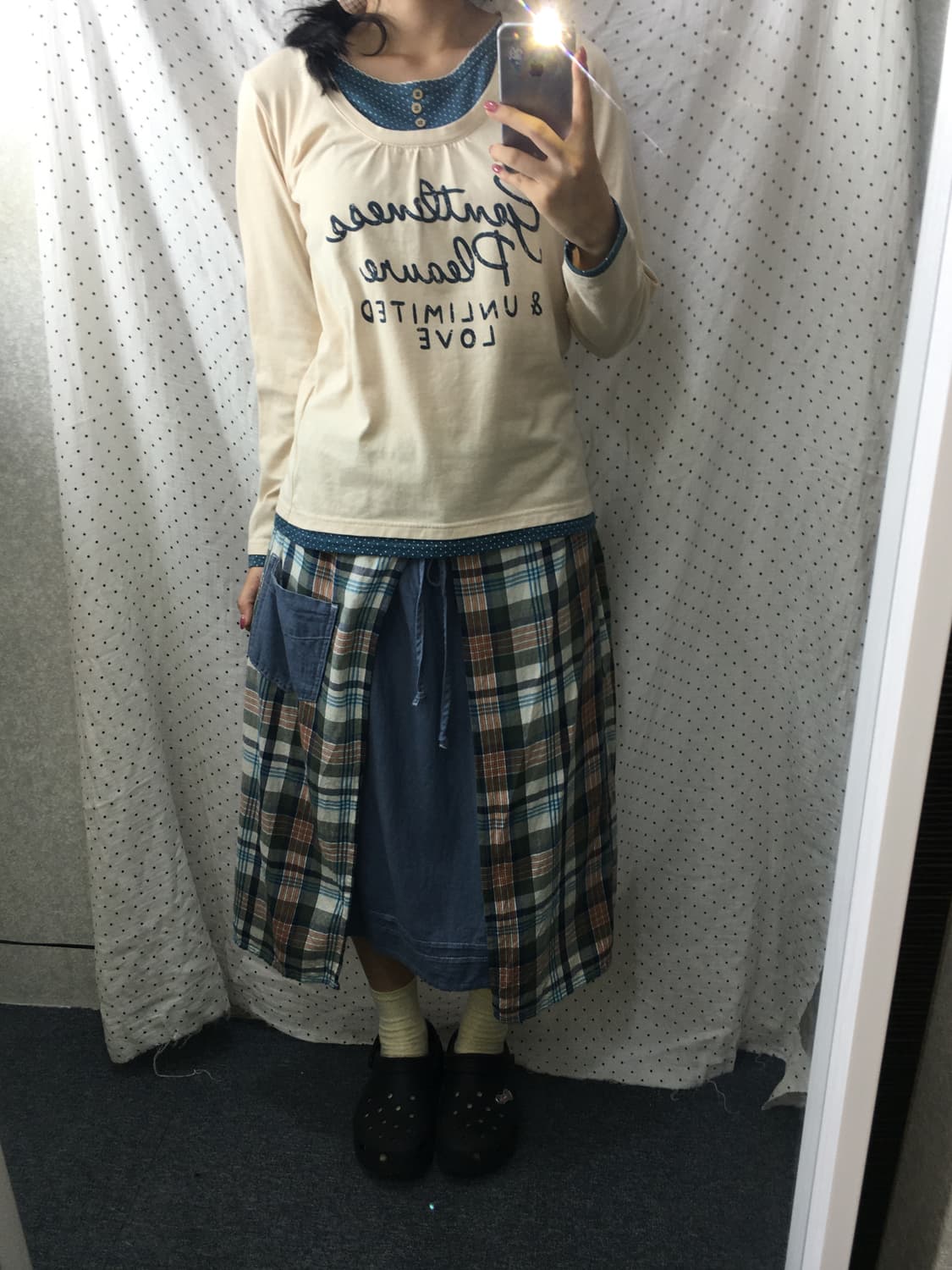 베이지 청록 도트 레이어드 티셔츠 상품이미지3