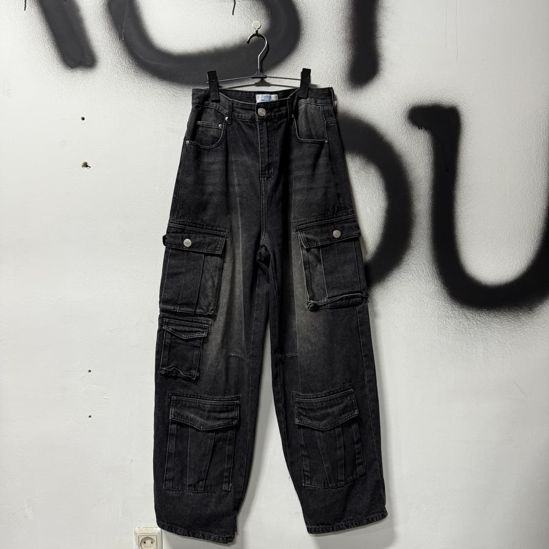 VTG 빈티지 멀티 포켓 흑청 워싱 벌룬핏 와이드 카고 데님 팬츠 상품이미지1
