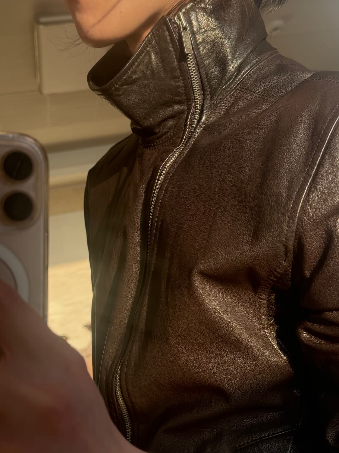 코데즈 컴바인 하이넥 카우하이드 사선 레더 자켓 상품이미지4