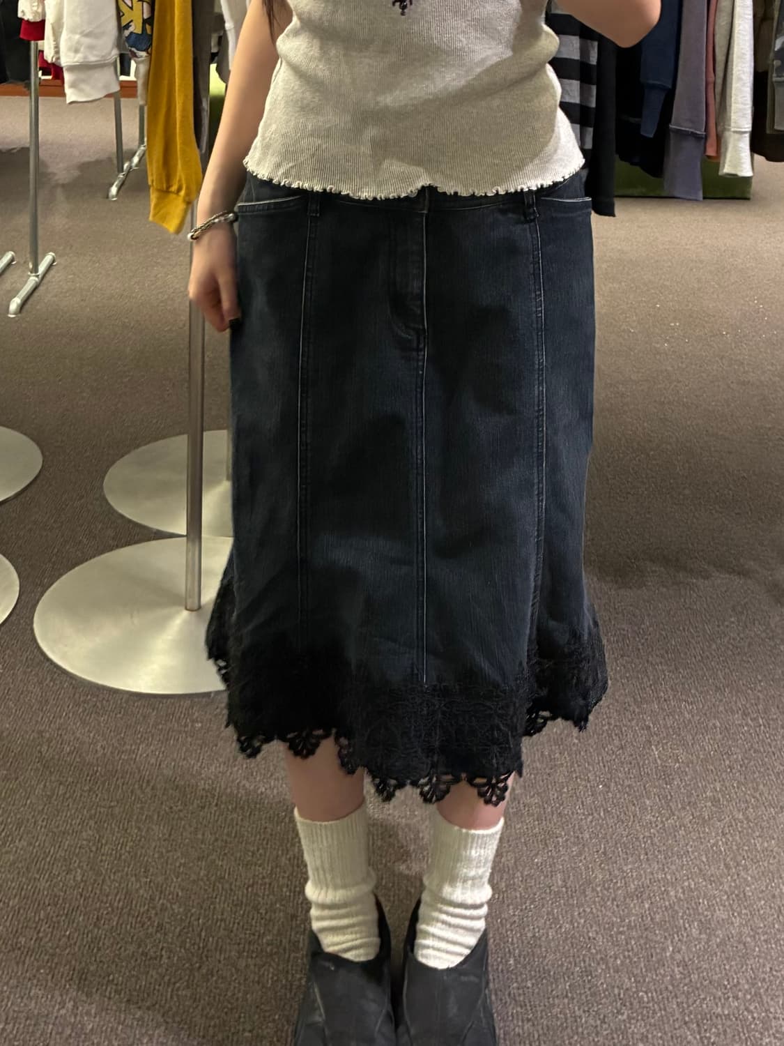 L)Japanese vintage 블랙 레이스 디테일 데님 롱스커트 상품이미지2