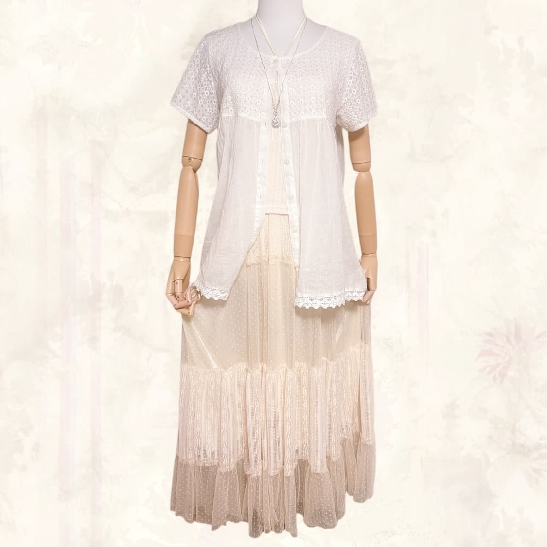 (이체시에눌) 일본 히메 모리걸 공주풍 도트 앤 레이어드 화이트 코디세트 상품이미지1