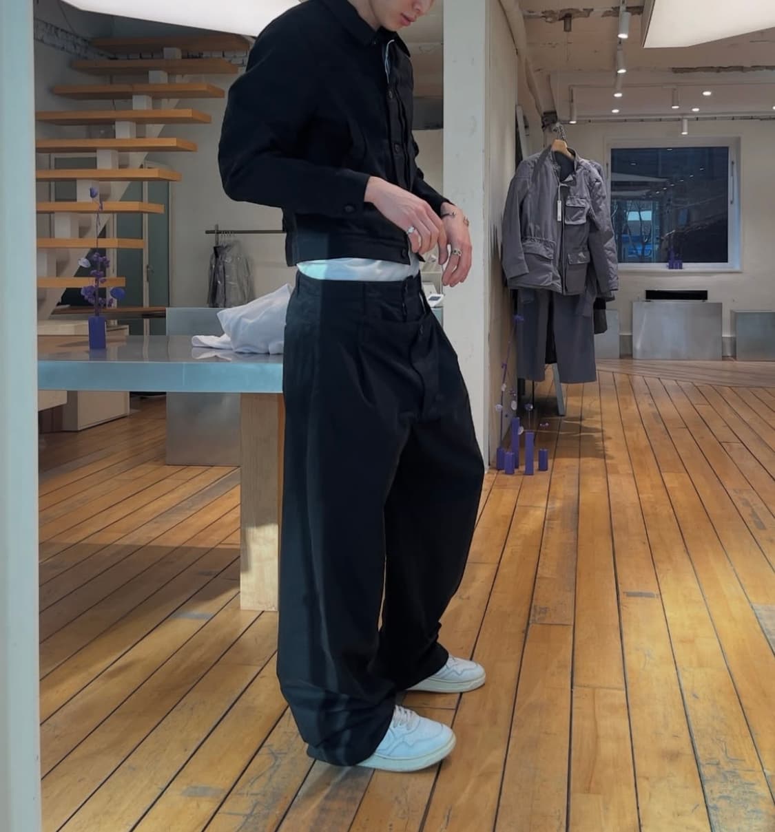 누마레ee 더블 웨이스트 팬츠 블랙 상품이미지1