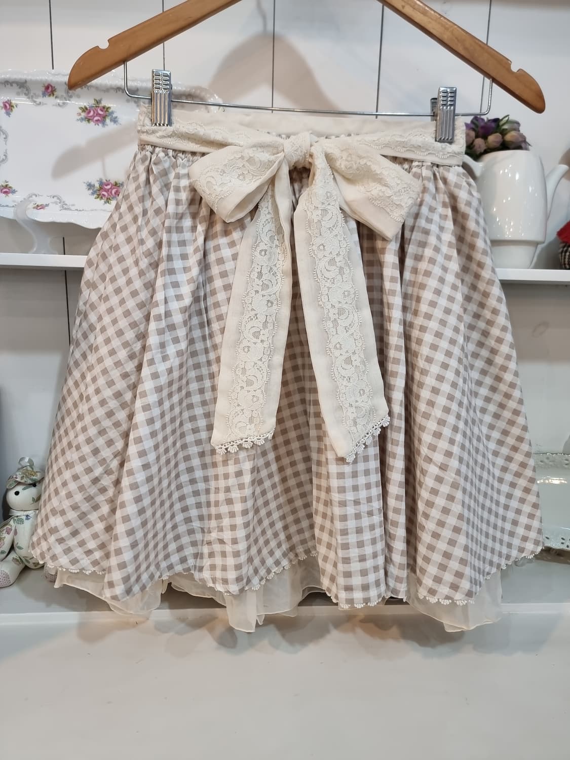 axes femme 베이지 체크 레이스 리본 스커트 상품이미지1