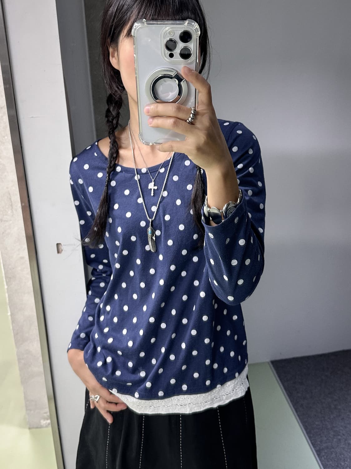navy dot lace layered top 상품이미지3