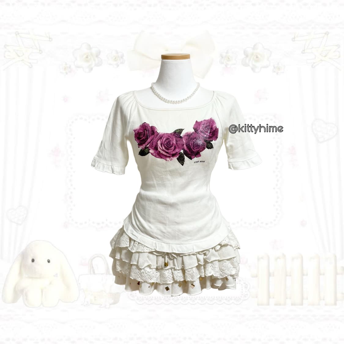 Lest rose 레스트로즈 프릴 로즈반팔 히메갸루 갸루 러블리 로걀탑 상품이미지1
