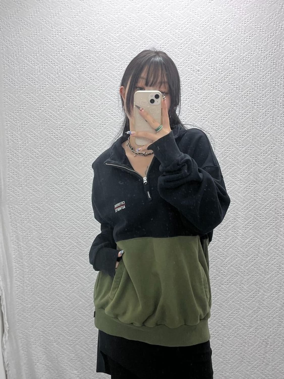 커버낫 캐주얼 올리브카키 배색 반집업 맨투맨 XL C07841 상품이미지1