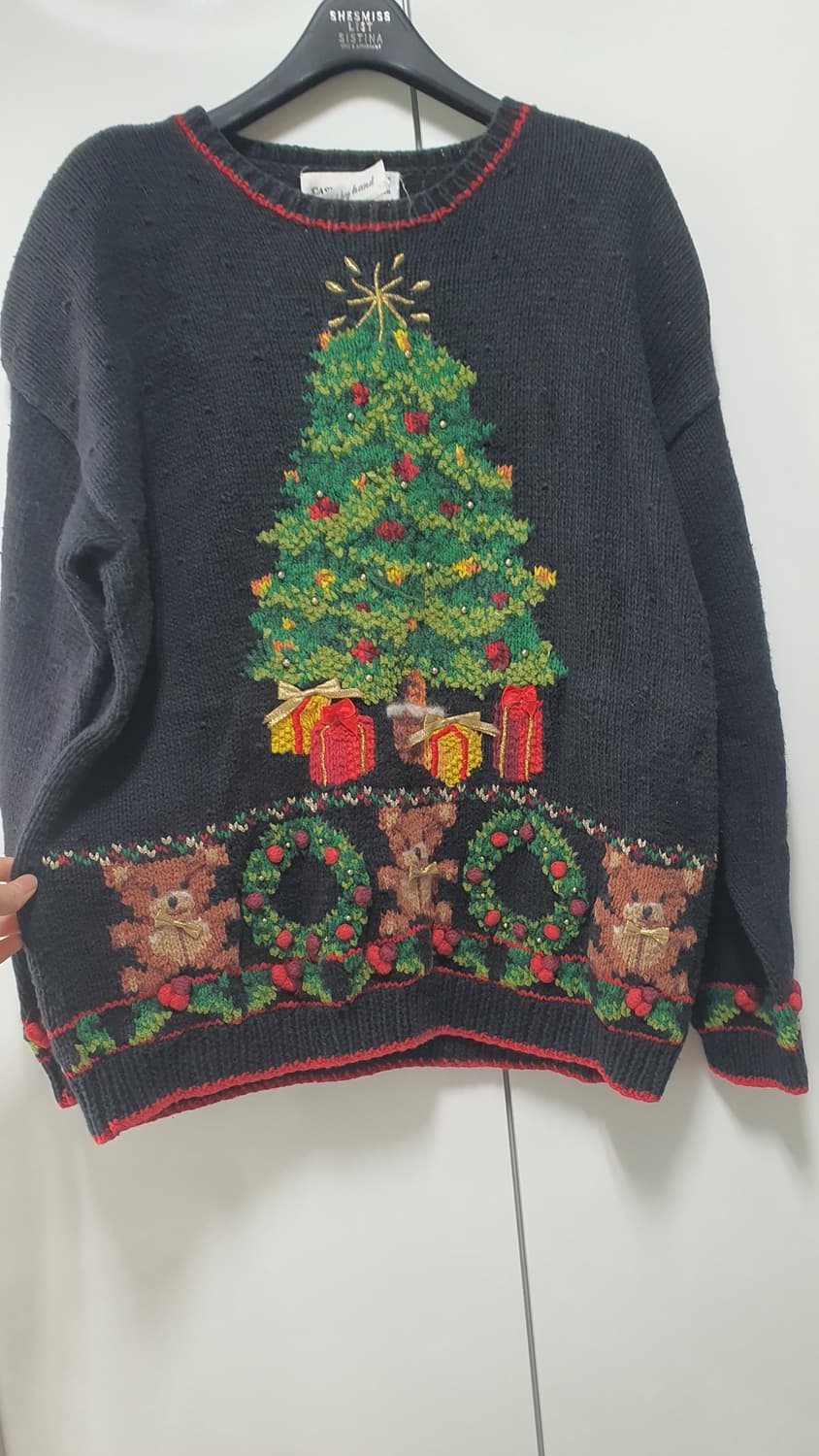 빈티지 핸드메이드 핸드니트 크리스마스 곰돌이 테디베어 니트 스웨터 상품이미지2