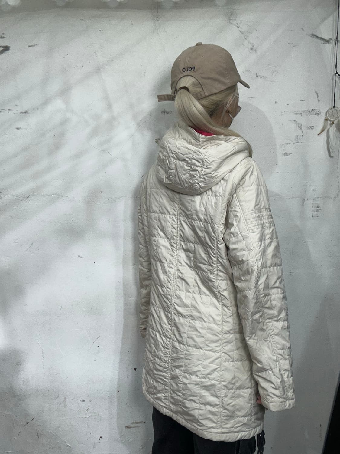 아디다스 일본판 아이보리 핑크 로고 퀼팅 점퍼 바람막이 여성용 패딩 L 상품이미지3