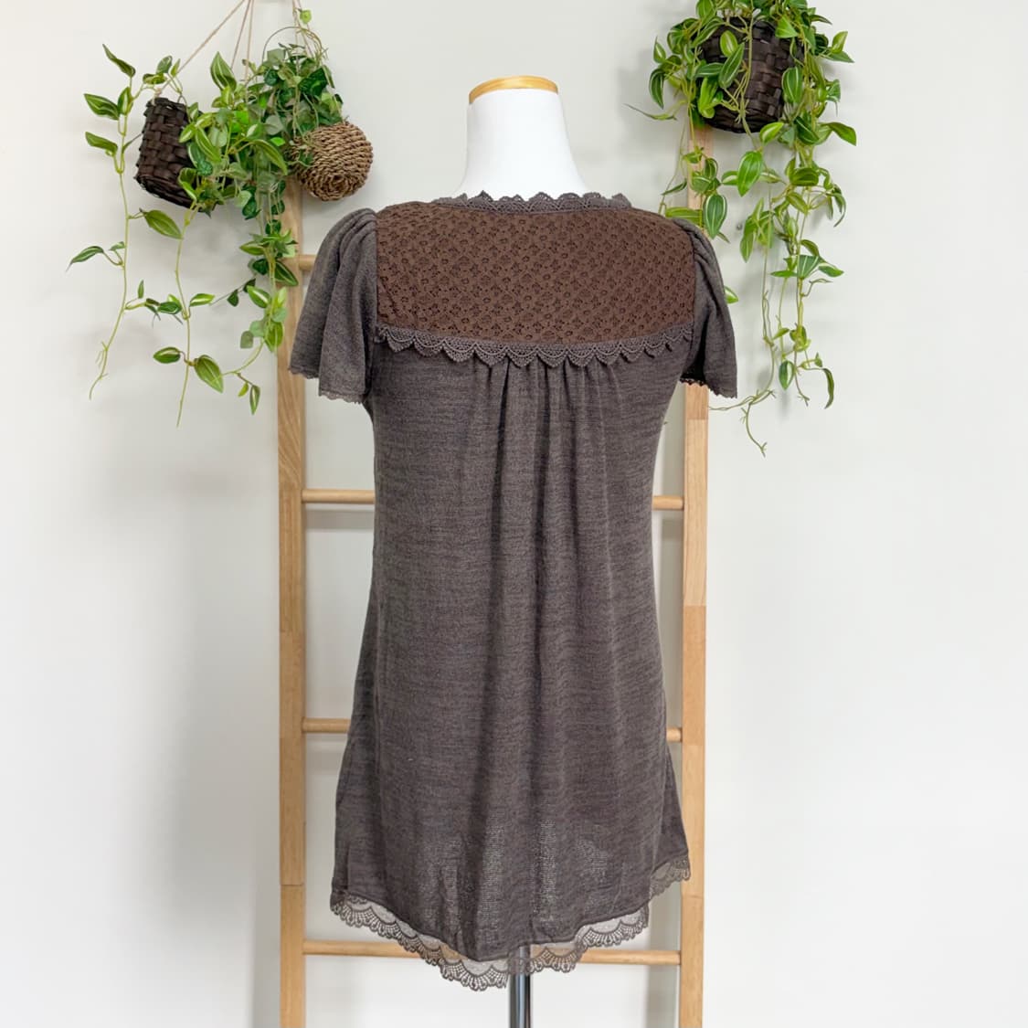 JPN/ 레이스 카키브라운 반팔 튜닉 모리룩레이어드 반팔레이어드 상품이미지3